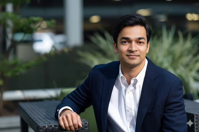 Prathamesh Sawant in a navy blazer, seated outdoors